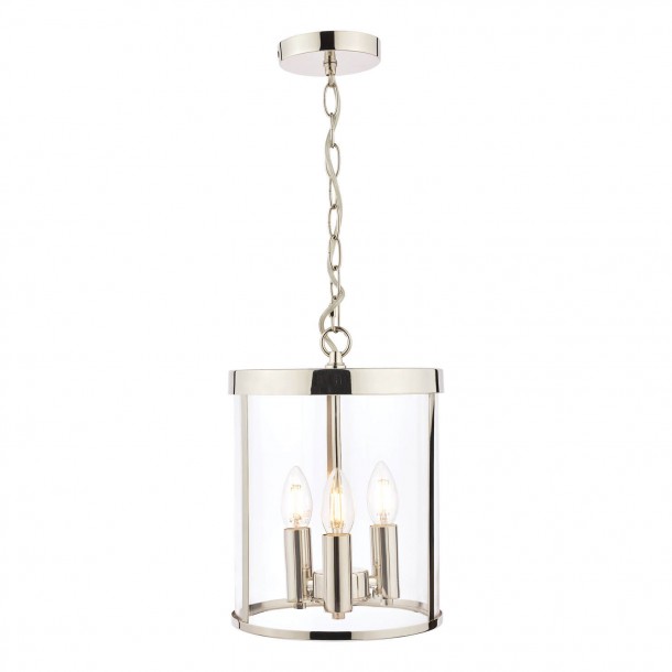 Lámpara de techo en níquel y cristal de formato cilindro, estilo contemporáneo y para tres bombillas.
