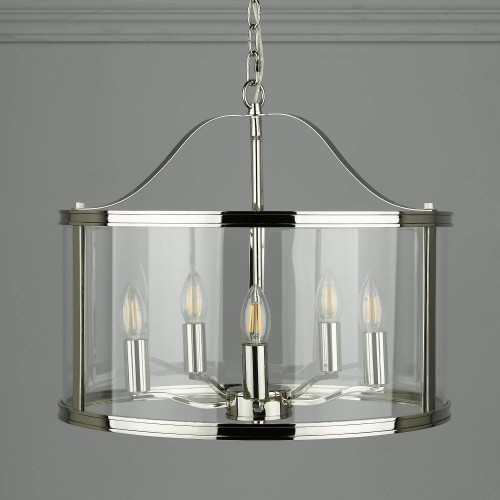 Lámpara de techo Harrington con 5 luces y cromada de Laura Ashley. Forma de tambor y estilo farol.