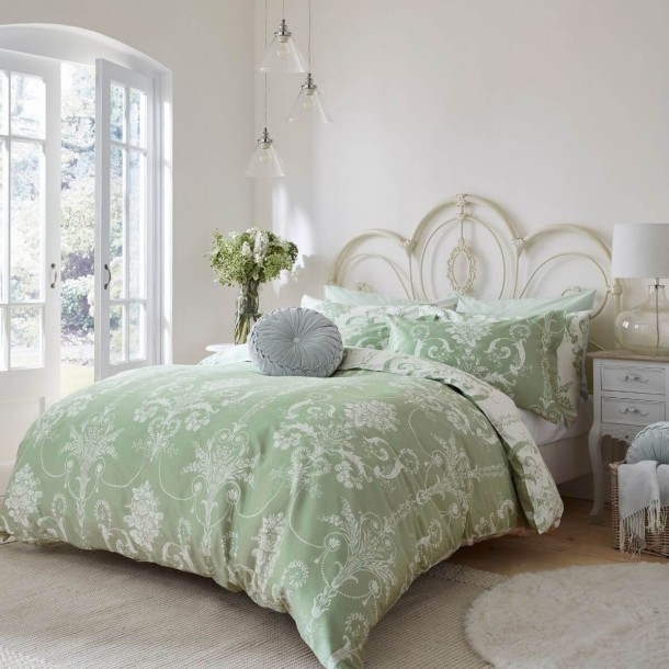 Classic floral design, Laura Ashley. Inspired by 18th century France, fresh green. 200 thread count cotton sateen. Reversible.