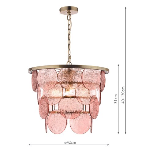 Lámpara de techo Kiarna en latón envejecido con 4 puntos de luz, Laura Ashley. Vidrio rosa y altura ajustable en instalación.
