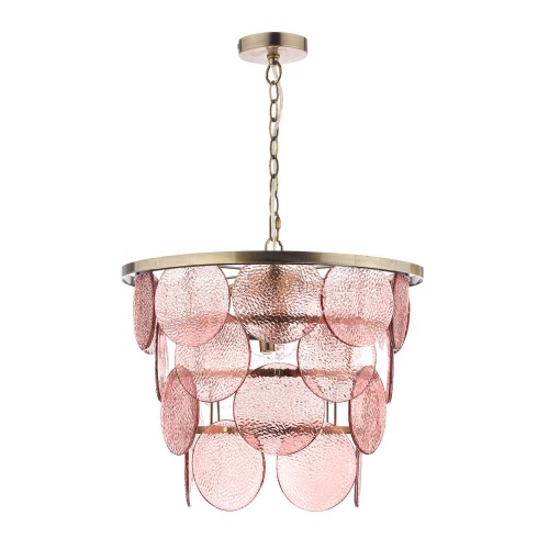 Lámpara de techo Kiarna en latón envejecido con 4 puntos de luz, Laura Ashley. Vidrio rosa y altura ajustable en instalación.