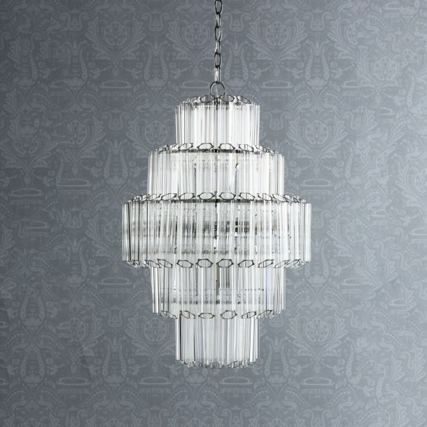 Lámpara de techo Gran Genevieve, Laura Ashley. Estilo Art Deco, acabado en cromo pulido y vidrio acanalado. 9 puntos de luz.