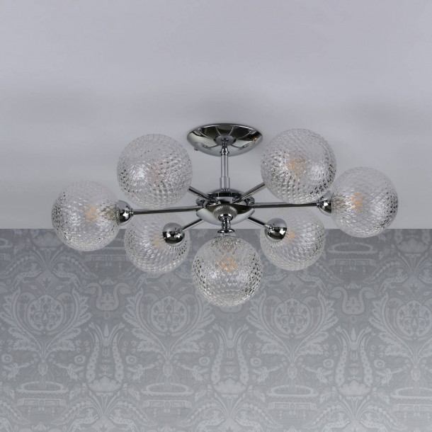 Lámpara de techo semiempotrada Atherton cromada y con vidrio texturizado, de Laura Ashley. 7 luces y no regulable en altura.