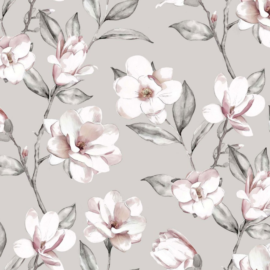 Tejido gris de algodón estampado con flores Magnolia color rosa