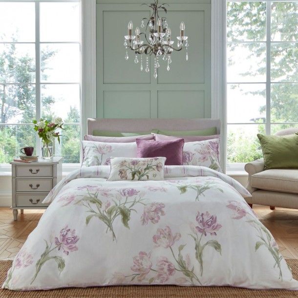 Seth Gosford, Laura Ashley. Purple tulips on a white canvas, and color coordinated stripe reverse.