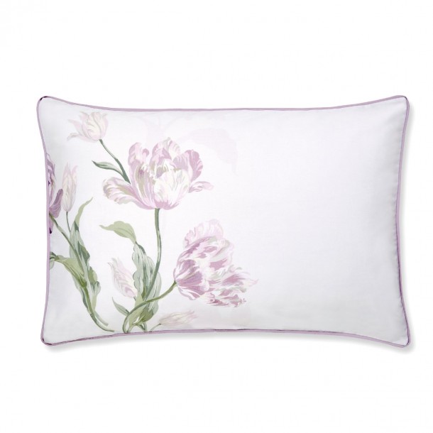 Seth Gosford, Laura Ashley. Purple tulips on a white canvas, and color coordinated stripe reverse.