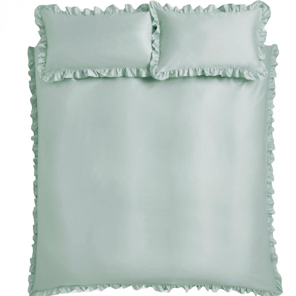 Plain teal bedding set with ruffled ruffles by Laura Ashley. Duvet cover and 1 or 2 pillowcases.