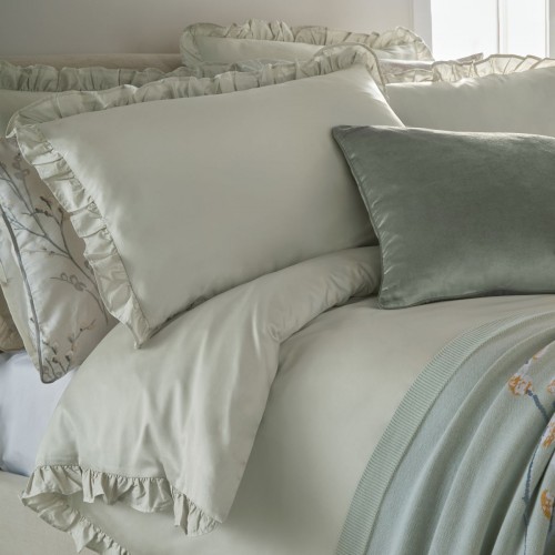 Plain, light gray bed set with curly ruffle, by Laura Ashley. Duvet cover and 1 or 2 pillowcases.