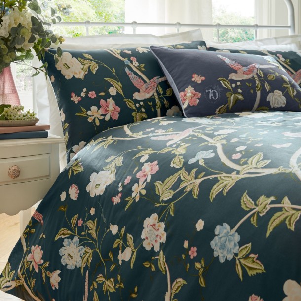 Classic Sumer Palace print, birds and flowers, dark blue background, Laura Ashley. Duvet cover and 1 or 2 pillowcases.