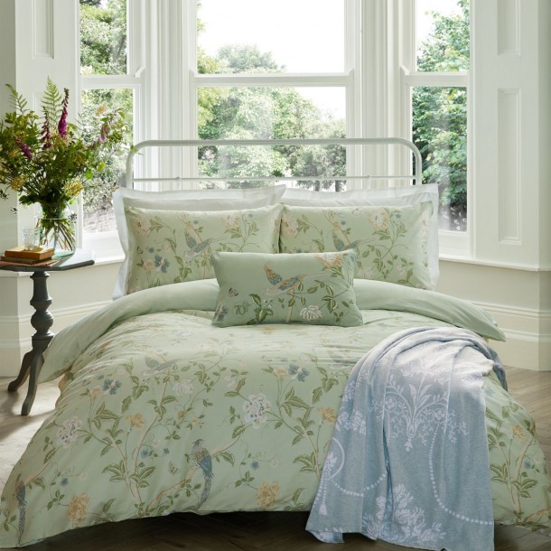 Bed set, Summer Palace of beautiful birds and flowers, on a green background, by Laura Ashley. Includes 1 or 2 pillowcases.