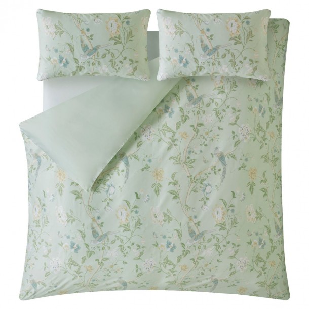 Bed set, Summer Palace of beautiful birds and flowers, on a green background, by Laura Ashley. Includes 1 or 2 pillowcases.
