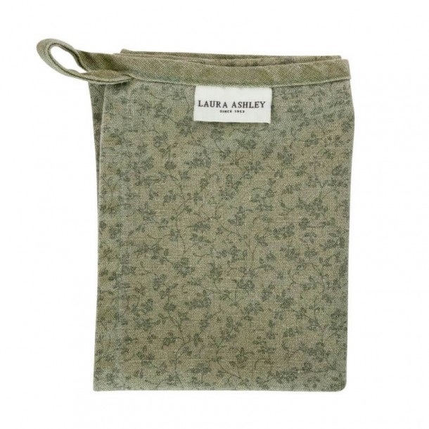 Vintage Wild Clematis Collection, Laura Ashley. Green kitchen towel with flowers: 40% Cotton, 30% Linen, 30% Polyester.