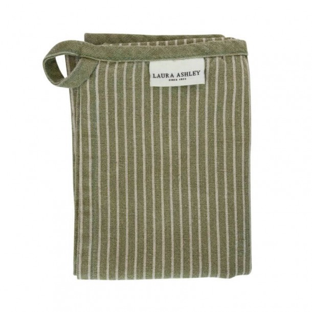 Vintage Wild Clematis Collection, Laura Ashley. Green striped kitchen towel: 40% Cotton, 30% Linen, 30% Polyester.