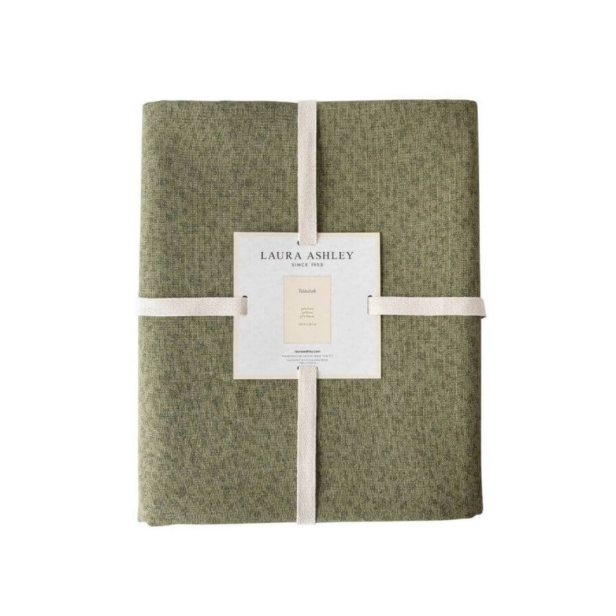 Colección Wild Clematis vintage, Laura Ashley. Mantel verde con flores: 40% Algodón, 30% Lino, 30% Poliéster.