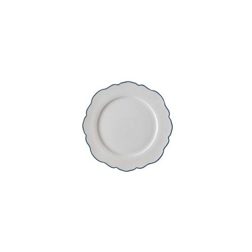 Blueprint jagged rim porcelain plate, Laura Ashley. Diameter 24.5 cm, white and blue, dishwasher safe.