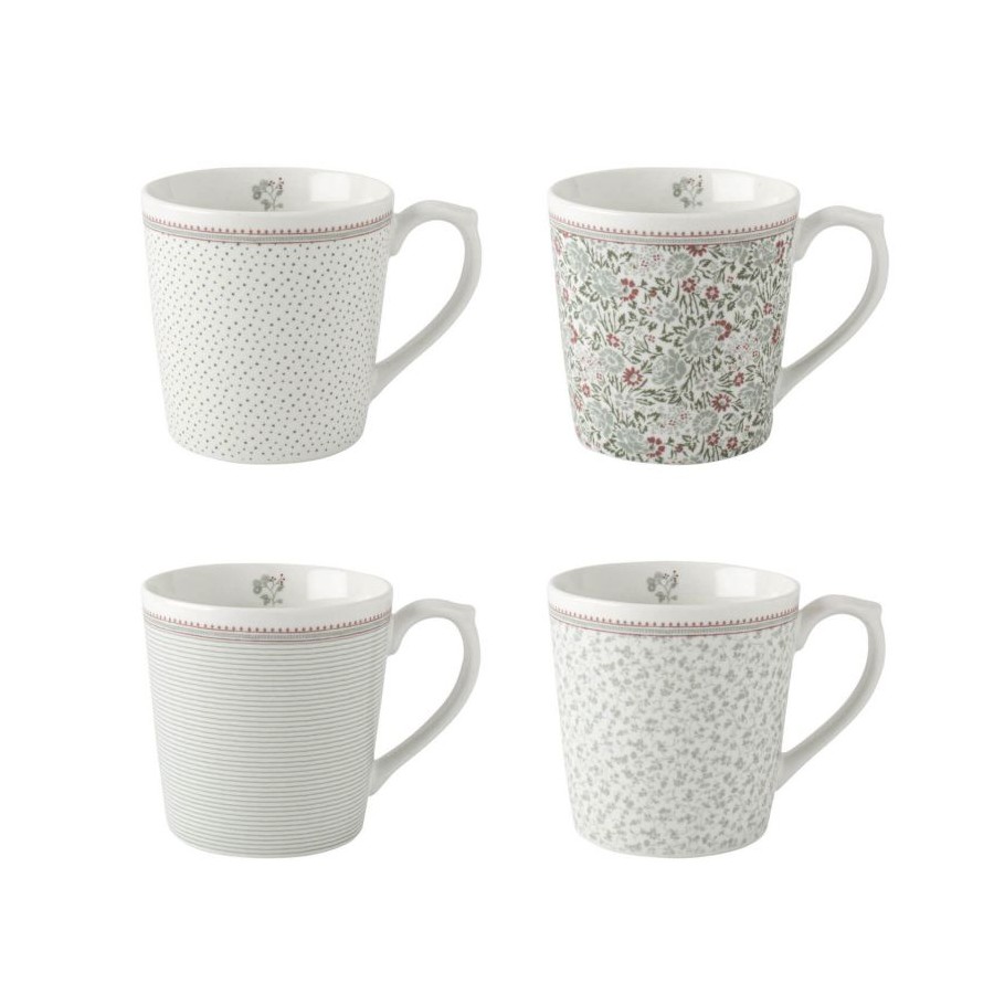 4 vintage mugs, gift boxed. Wild Clematis Collection, Laura Ashley. Capacity 22cl. Dishwasher safe.