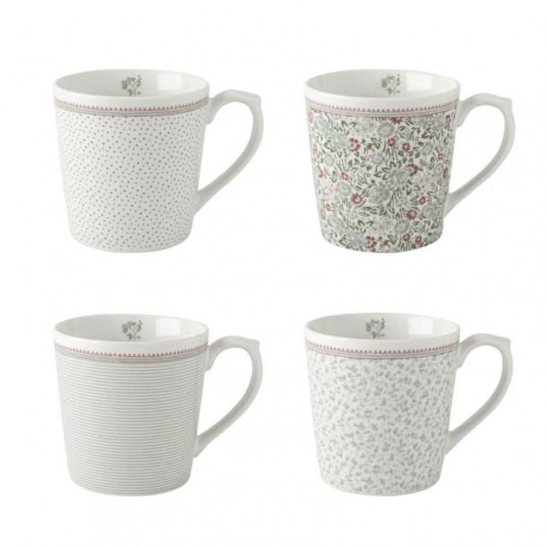 4 vintage mugs, gift boxed. Wild Clematis Collection, Laura Ashley. Capacity 22cl. Dishwasher safe.