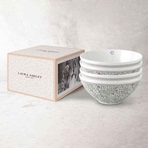 4 vintage bowls, in a gift box. Wild Clematis Collection, Laura Ashley. Diameter 16 cm. Dishwasher safe.