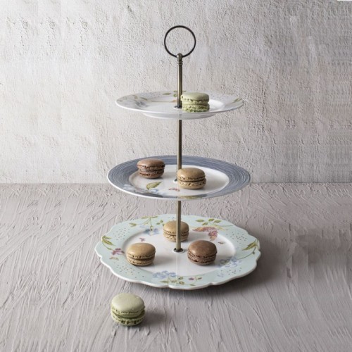 3-height pastry cabinet, Elveden design in green tones. Heritage Collection, Laura Ashley. Plates with irregular edges.
