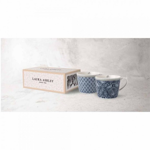 Set of 2 enameled porcelain cups. Classic blue print, Laura Ashley. Capacity 30cl. Includes gift box.