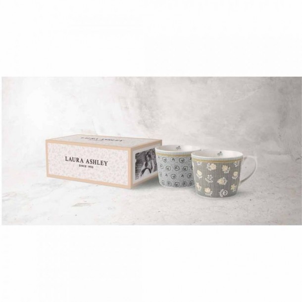 Set 2 tazas de porcelana esmaltada. Estampado gris clásico, Laura Ashley. Capacidad 30 cl. Incluye caja de regalo.