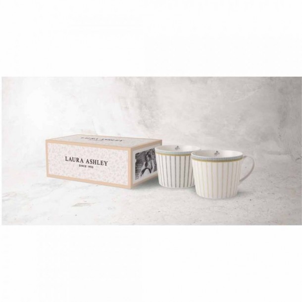 Set of 2 enameled porcelain cups. Classic striped print, Laura Ashley. Capacity 30cl. Includes gift box.