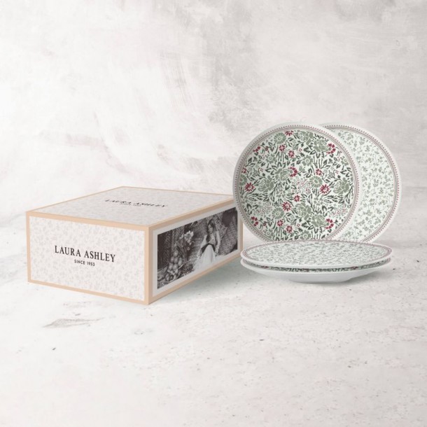 Vintage Wild Clematis Collection, Laura Ashley. 4 dessert plates 12 cm. Gift box. Dishwasher safe.