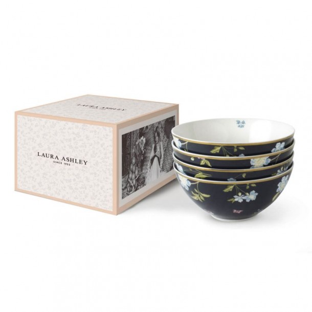 4 Heritage Midnight Bowls 80 cl / 16 cm, Laura Ashley. Gift box. Made of porcelain.