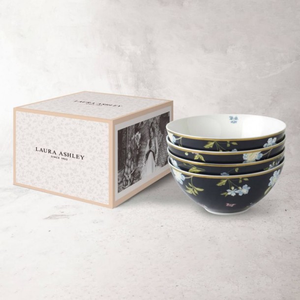 4 Heritage Midnight Bowls 80 cl / 16 cm, Laura Ashley. Gift box. Made of porcelain.