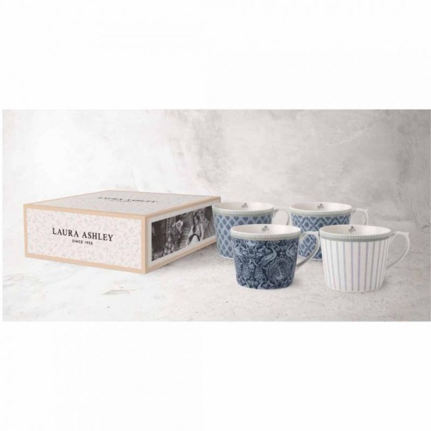 4 tazas de porcelana esmaltada, Laura Ashley. En tonos azules, con caja de regalo, de 30 cl.