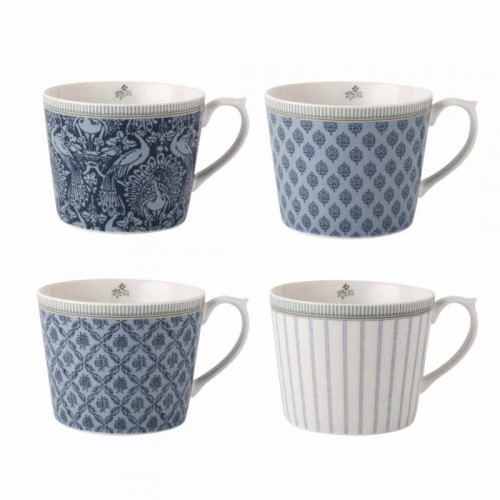4 glazed porcelain mugs, Laura Ashley. In blue tones, with a gift box, 30 cl.