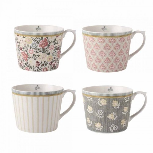 4 glazed porcelain mugs, Laura Ashley. In pink and gray tones, with a gift box, 30 cl.