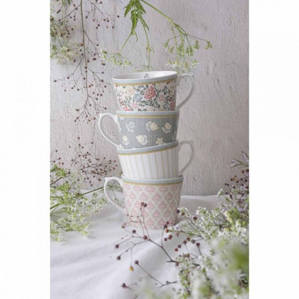 4 tazas de porcelana esmaltada, Laura Ashley. En tonos rosas y grises, con caja de regalo, de 30 cl.
