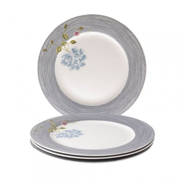 4 Heritage Midnight Stripe Plates 26cm, Laura Ashley. Gift box. Made of porcelain.