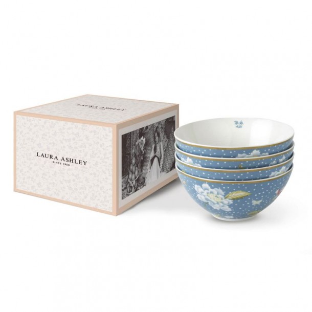 4 Heritage Sea Blue Bowls 80cl / 16cm, Laura Ashley. Gift box. Made of porcelain.