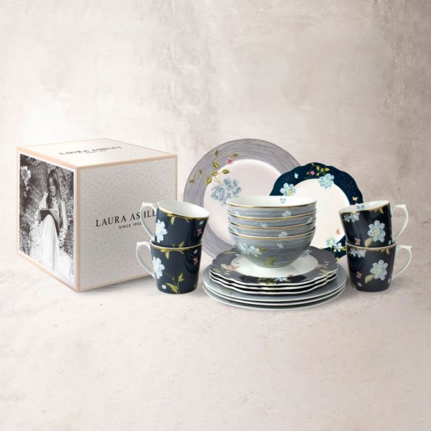Composed of: 4 35 cl cups, 4 80 cl bowls, 4 24.5 cm plates and 4 26 cm plates. Gift box. Made of porcelain.