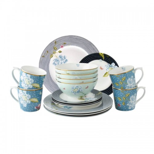 Composed of: 4 mugs 35 cl, 4 bowls 80 cl, 4 plates 20 cm, 4 plates 26 cm. Gift box. Made of porcelain.