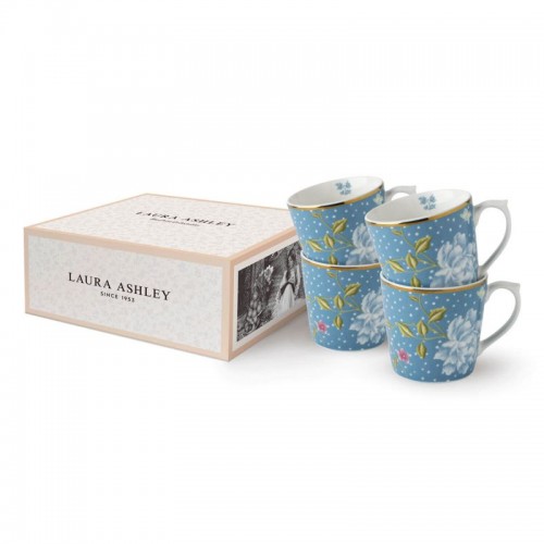 4 Sea Blue Heritage Mugs of 35 cl, Laura Ashley. In a gift box. Made of porcelain.
