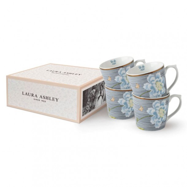 4 Heritage Midnight Striped Mugs 35cl, Laura Ashley. In a gift box. Made of porcelain.