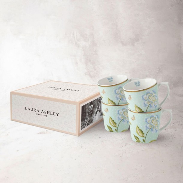 4 Mint Green Heritage Mugs 35 cl, Laura Ashley. In a gift box. Made of porcelain.
