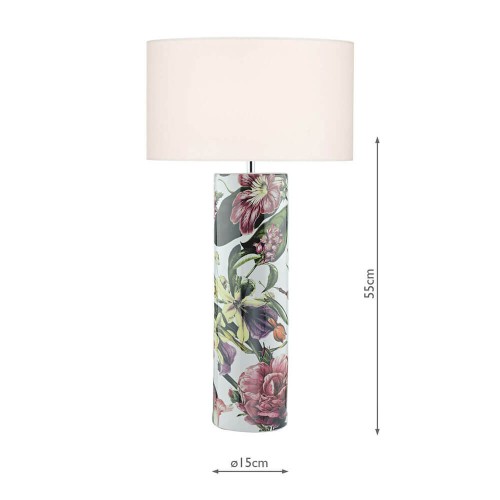 Base cerámica Elana cilíndrica, con estampado botánico tropical de flores rosas y hojas verdes.