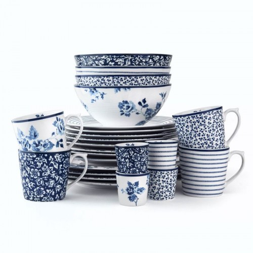 Vajilla azul de Laura Ashley Blueprint. Set de 12 piezas: 4 platos de 23 cm, 4 cuencos de 16 cm, 4 tazas de 35 cl.