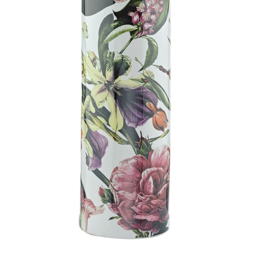Base cerámica Elana cilíndrica, con estampado botánico tropical de flores rosas y hojas verdes.
