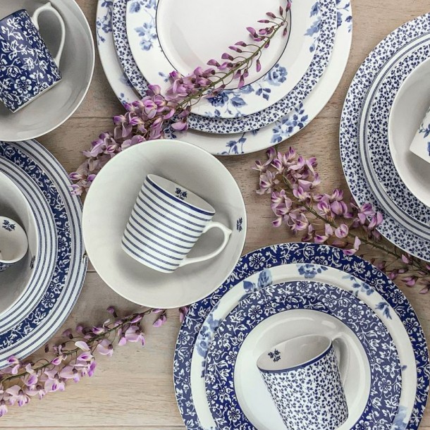 Laura Ashley Blueprint Blue Dinnerware Set. 12-piece set: 4 23 cm plates, 4 16 cm bowls, 4 35 cl mugs.
