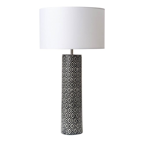 Ego, base de lámpara cerámica estampada con diseño geométrico en blanco y negro.