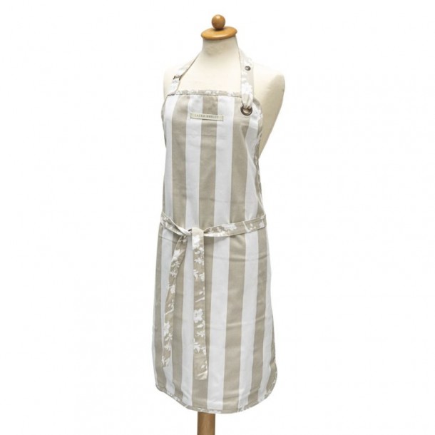 Reversible apron Elveden stone, Laura Ashley. 100% cotton. 85cm x 60cm. Elveden print on the front and stripes on the back.
