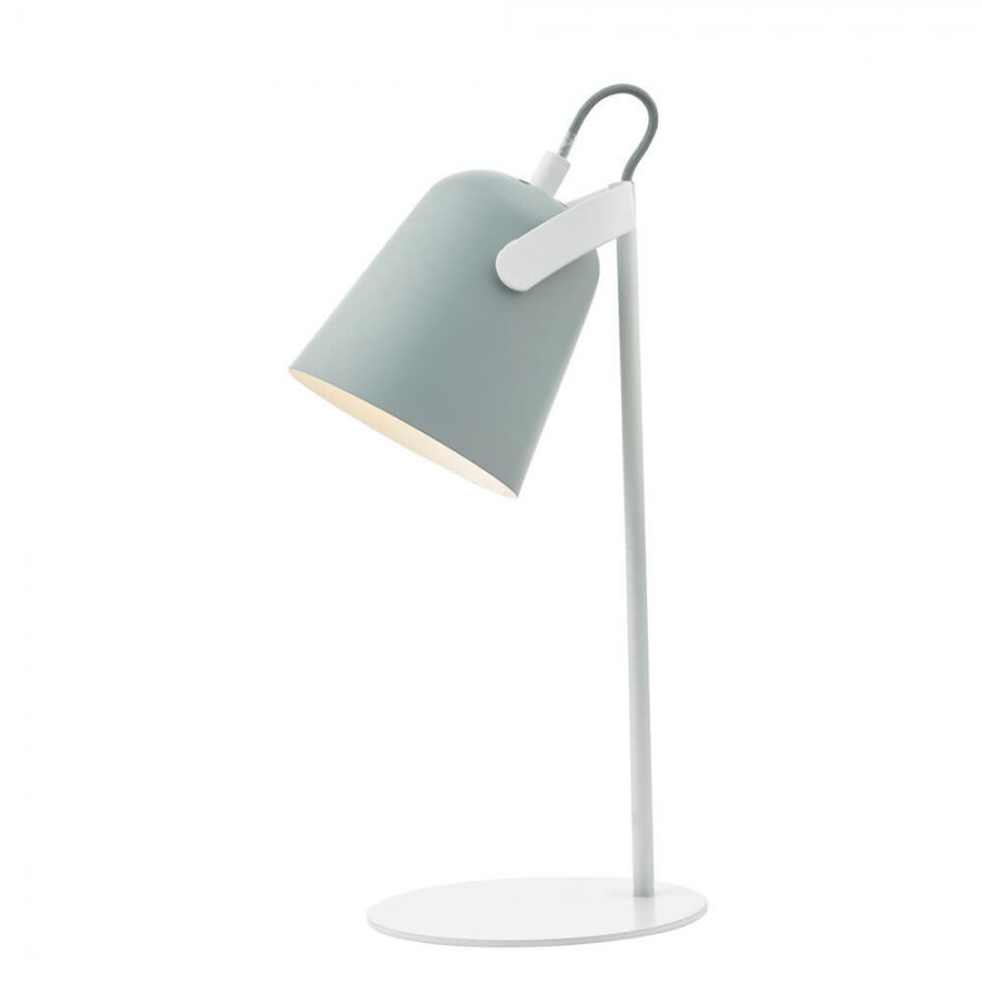 Diseño compacto. Lámpara de escritorio Effie con pantalla gris nórdico ajustable y base de metal blanco mate.