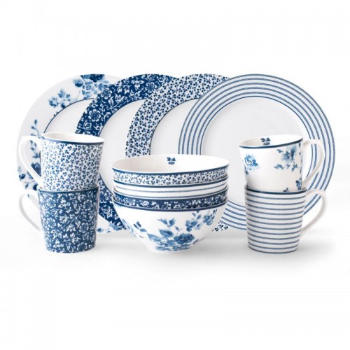 Blueprint 1 12-piece dinnerware set, Laura Ashley: 4 mugs, 4 bowls and 4 plates of 23 cm. Dishwasher safe.