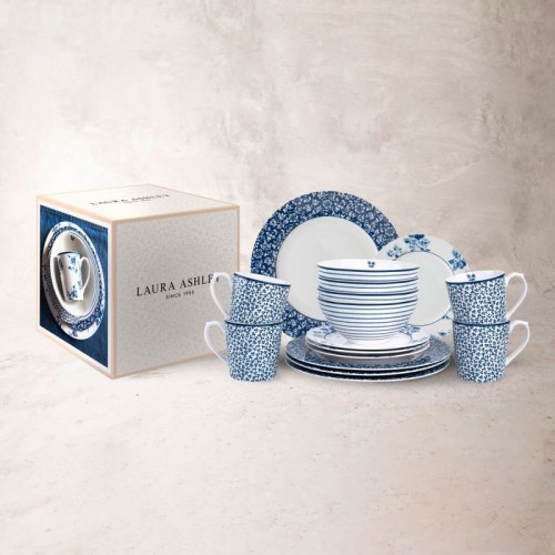 Blueprint 2 16-piece dinnerware set, Laura Ashley: 4 mugs, 4 bowls, 4 plates 20 cm and 4 plates 26 cm. Dishwasher safe.