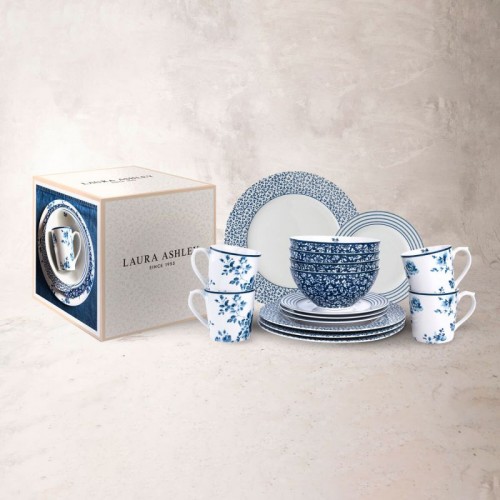 Dinnerware 16 pieces Blueprint 1, Laura Ashley: 4 mugs, 4 bowls, 4 plates 20 cm and 4 plates 26 cm. Dishwasher safe.